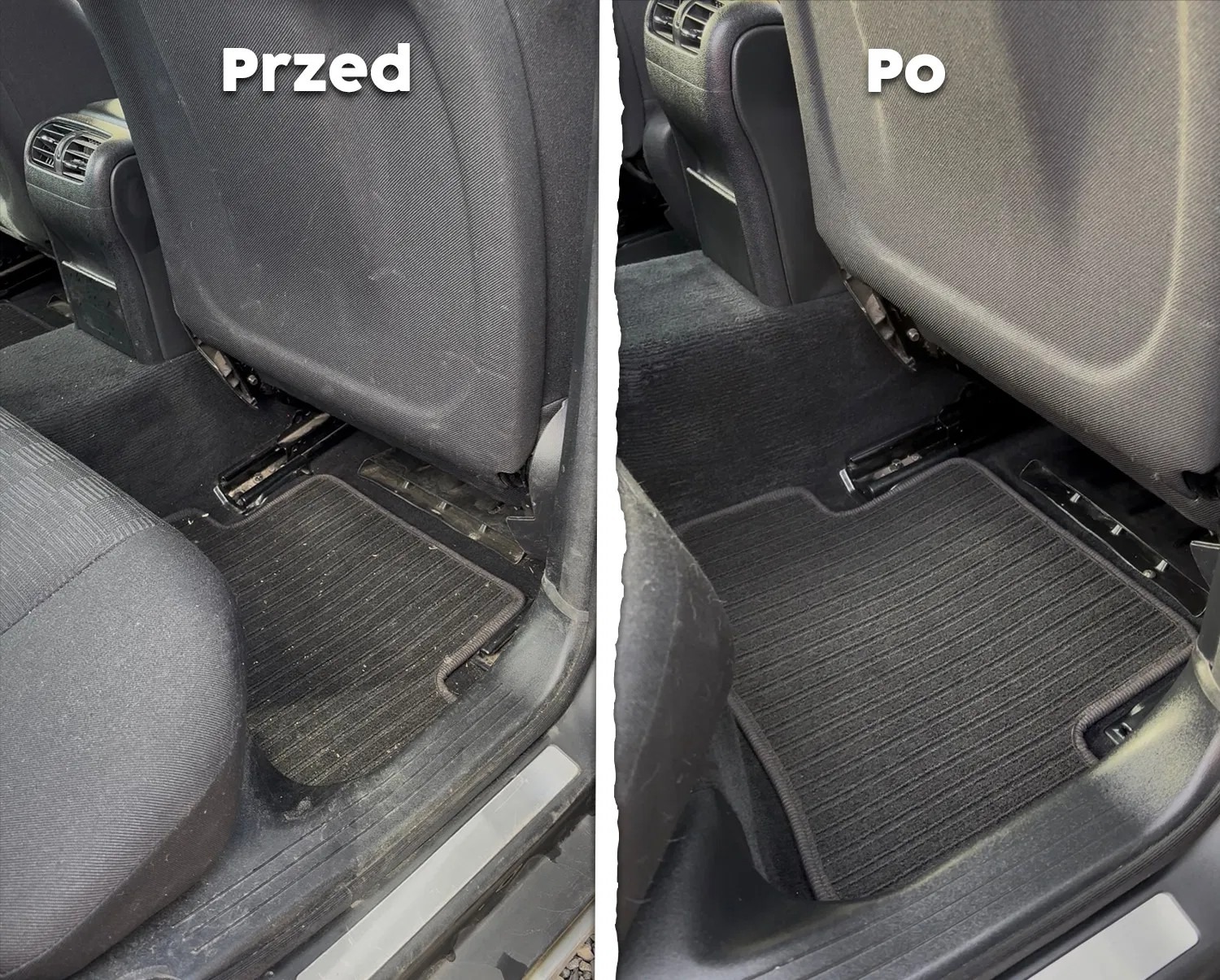 Czyszczenie wnętrza auta: dywanik i tapicerka fotela przed i po. Widoczna różnica w czystości i wyglądzie. Detailing samochodowy.