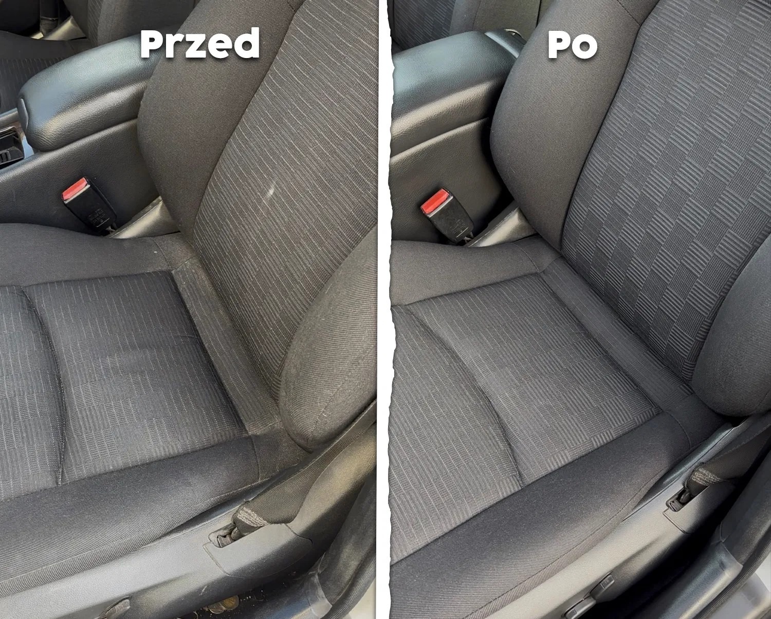 Czyszczenie tapicerki samochodowej: fotel przed i po zabiegu. Widoczne usunięte zabrudzenia i odświeżona struktura materiału. Ujęcie z bliska, skupione na detalu.