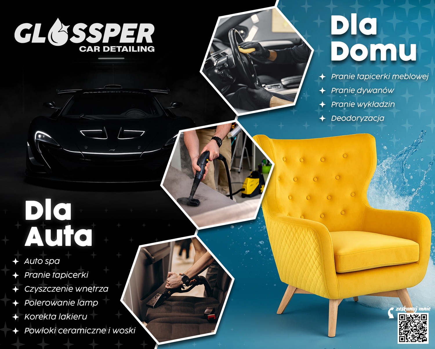 Usługi czyszczenia: auto detailing (pranie tapicerki samochodowej, polerowanie) i pranie tapicerki meblowej (kanap, dywanów). Żółty fotel i czarne auto na grafice.