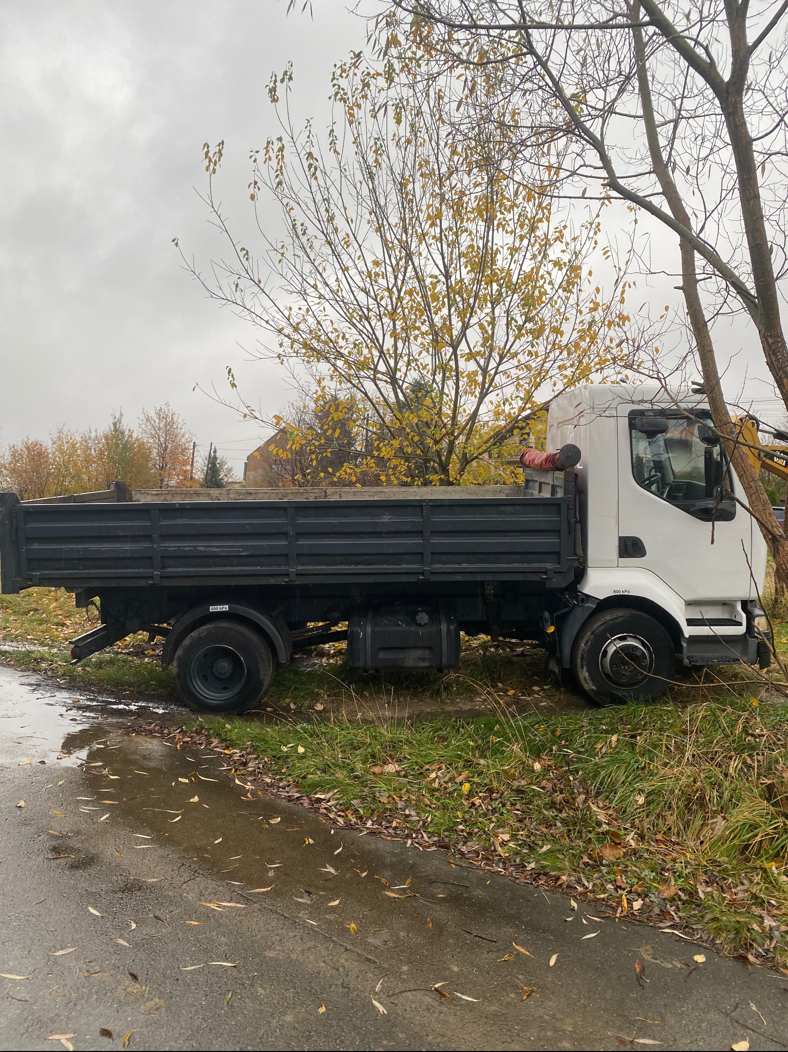 Ciężarówka wywrotka z czarną skrzynią ładunkową stoi na poboczu mokrej drogi, jesienne drzewa w tle, pochmurne niebo.