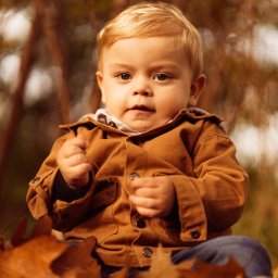 Tomasz Drozdowski FotoWideo - Portret małego blond chłopca w brązowej kurtce na tle jesiennych liści. Dziecko siedzi, patrzy w obiektyw, z zaciśniętymi piąstkami. Ciepłe, naturalne światło.