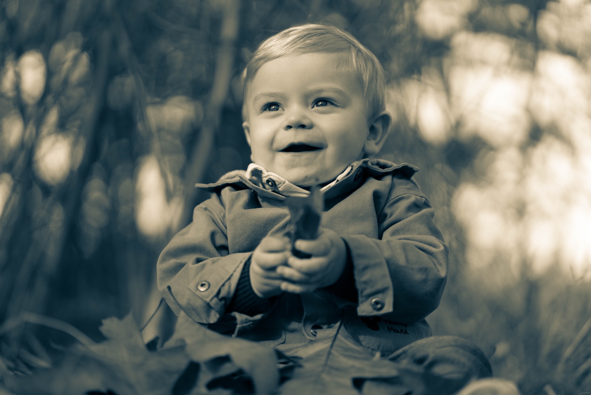 Uśmiechnięty blond chłopiec w kurtce siedzi w liściach, trzymając jeden w dłoniach. Zdjęcie w sepii, z rozmytym tłem drzew.