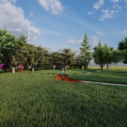 Numeda Pracownia Architektury Krajobrazu Aleksandra Broda - Wizualizacja parku z ścieżką, drzewami i elementami dekoracyjnymi, takimi jak muchomory. Widok na rozległy teren zielony pod błękitnym niebem.