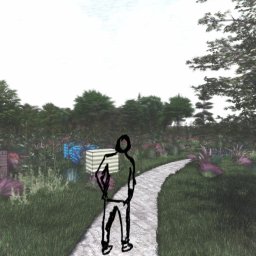 Numeda Pracownia Architektury Krajobrazu Aleksandra Broda - Szkic koncepcyjny ogrodu z ścieżką, ulem i sylwetką człowieka na tle bujnej roślinności. Wizualizacja z programu Lumion.