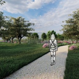 Numeda Pracownia Architektury Krajobrazu Aleksandra Broda - Wizualizacja ogrodu z ścieżką, drzewami i rabatami kwiatowymi. Na pierwszym planie grzyb i postać z plecakiem. Ujęcie z perspektywy pieszego, w tle błękitne niebo.