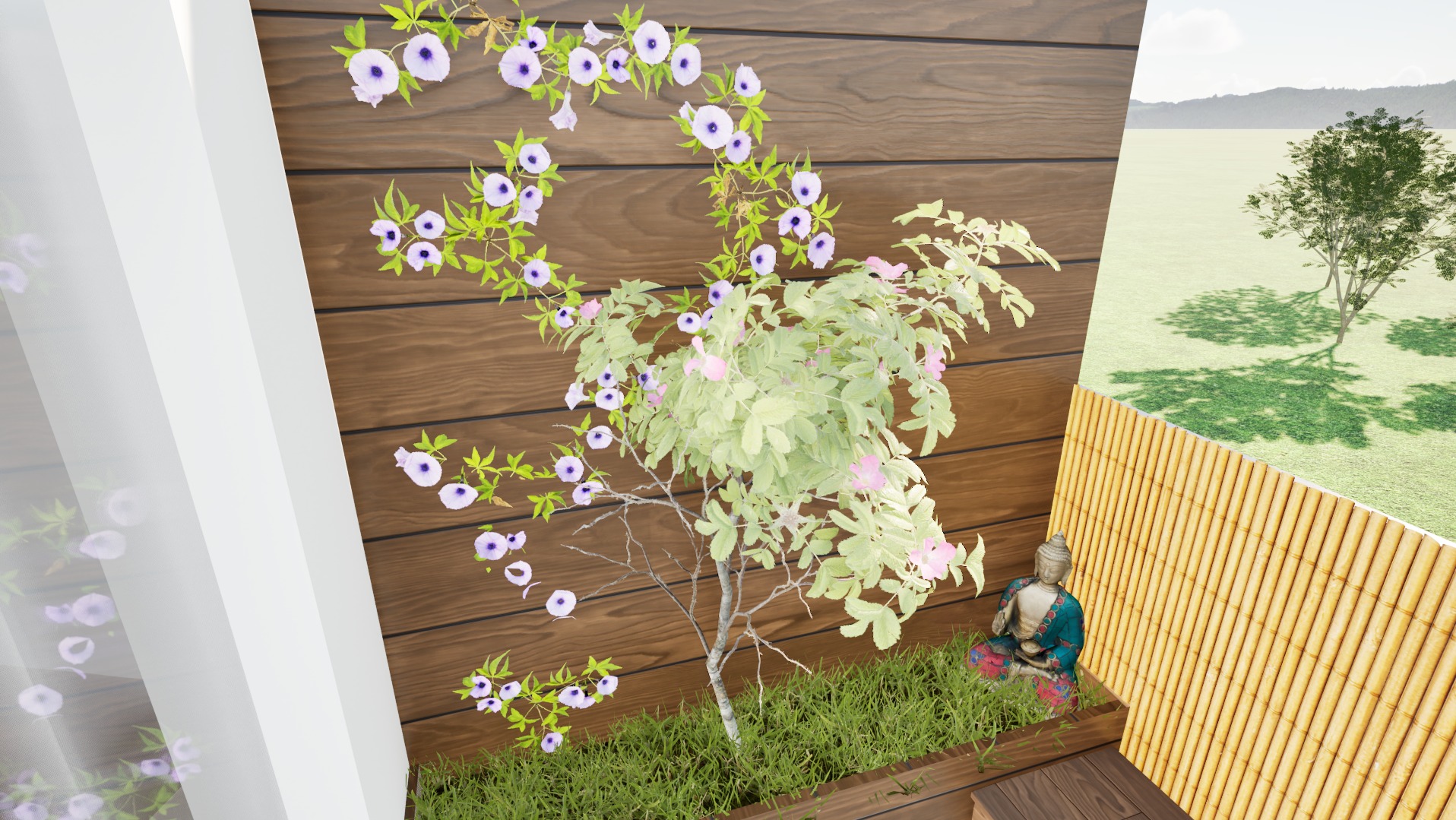 Kaskadowa kompozycja roślinna z rzeźbą Buddy w donicy na balkonie w Warszawie. Drewniana ściana i bambusowe panele tworzą unikalny klimat.