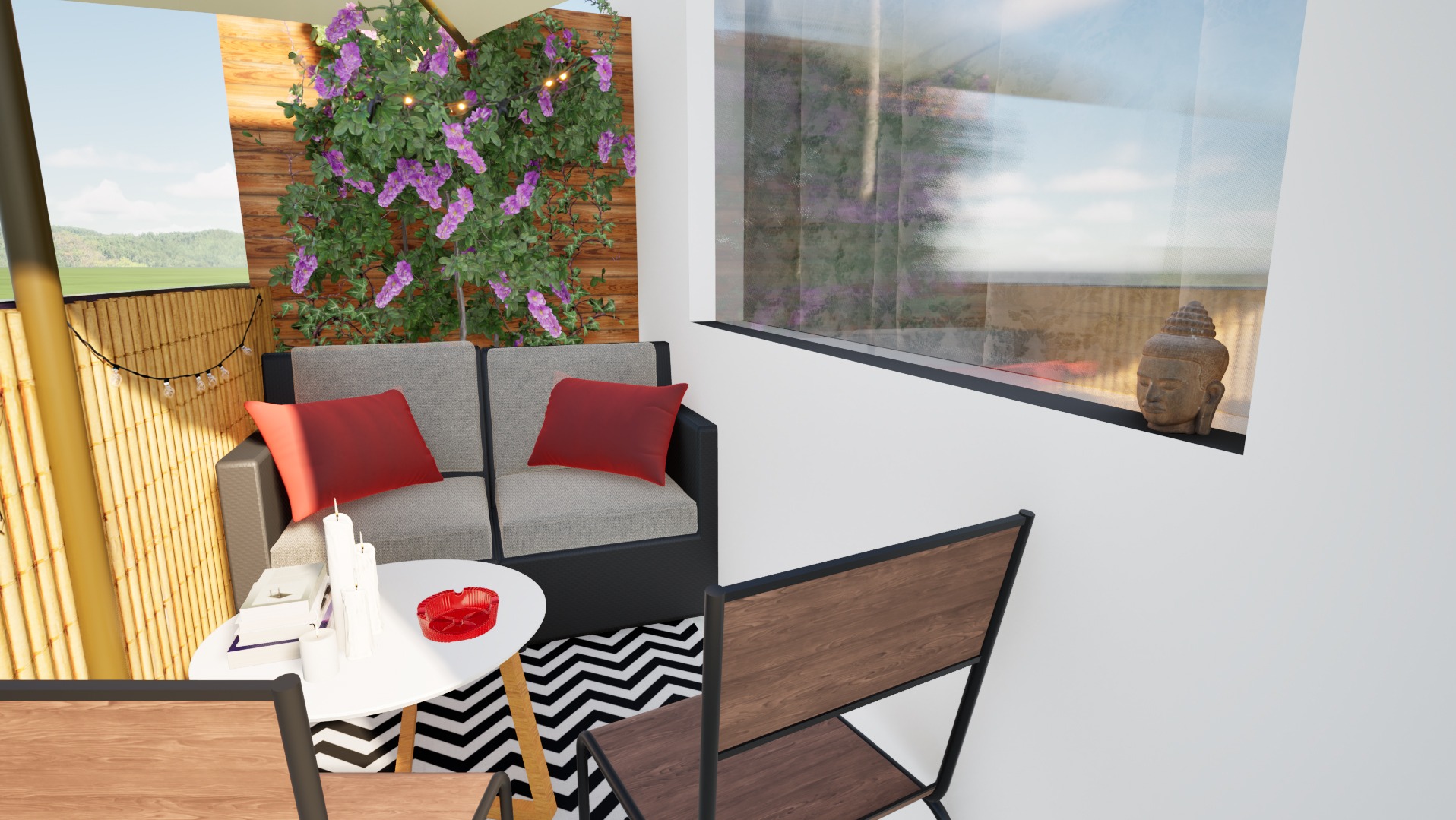 Aranżacja balkonu z sofą, stolikiem i pnączami. Widok na zewnątrz przez okno. Dekoracyjna głowa Buddy na parapecie. W tle krajobraz.