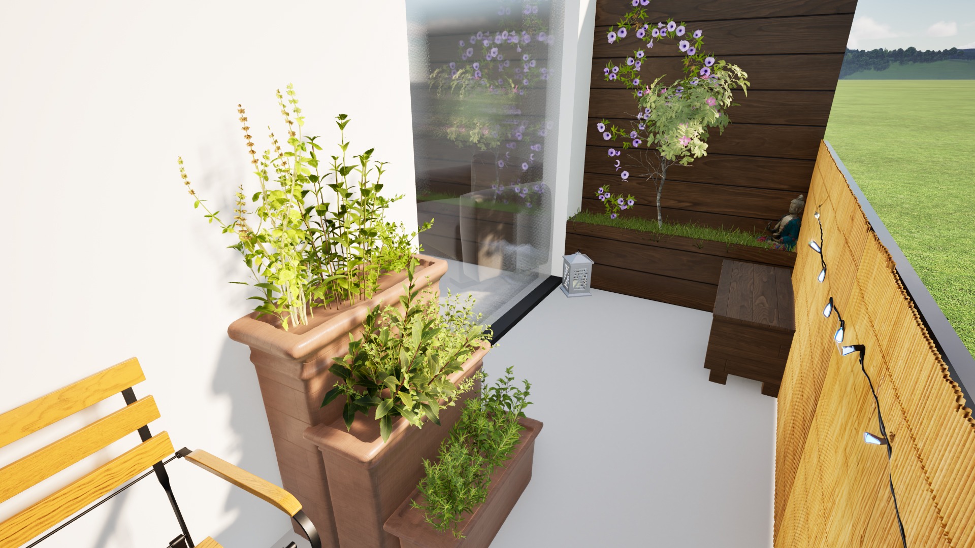 Kaskadowa donica z zielonymi roślinami na balkonie z drewnianą podłogą i ścianą z bambusa. W tle widoczny ogród i dekoracje.