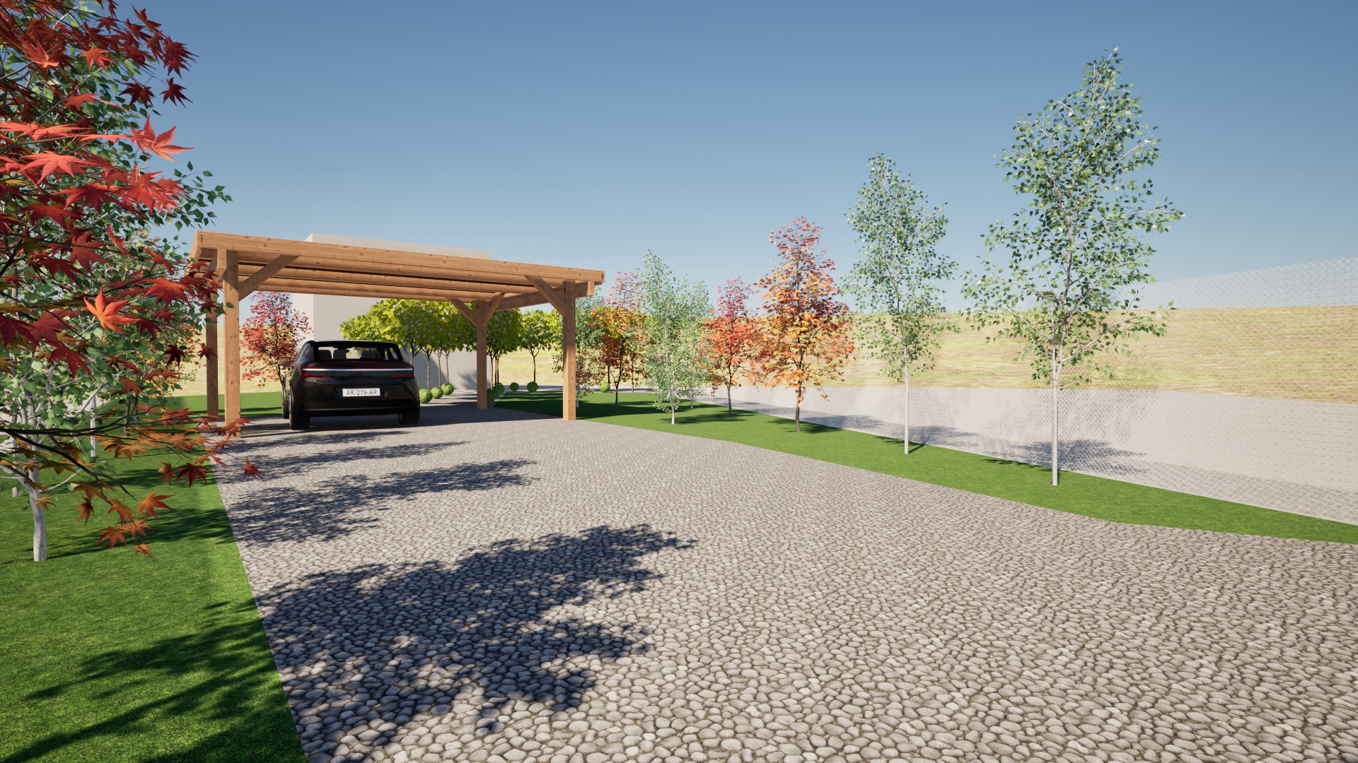 Wizualizacja: drewniana pergola nad miejscem parkingowym, obok drzewa z czerwonymi liśćmi, w tle rząd młodych drzewek i kamienny podjazd.