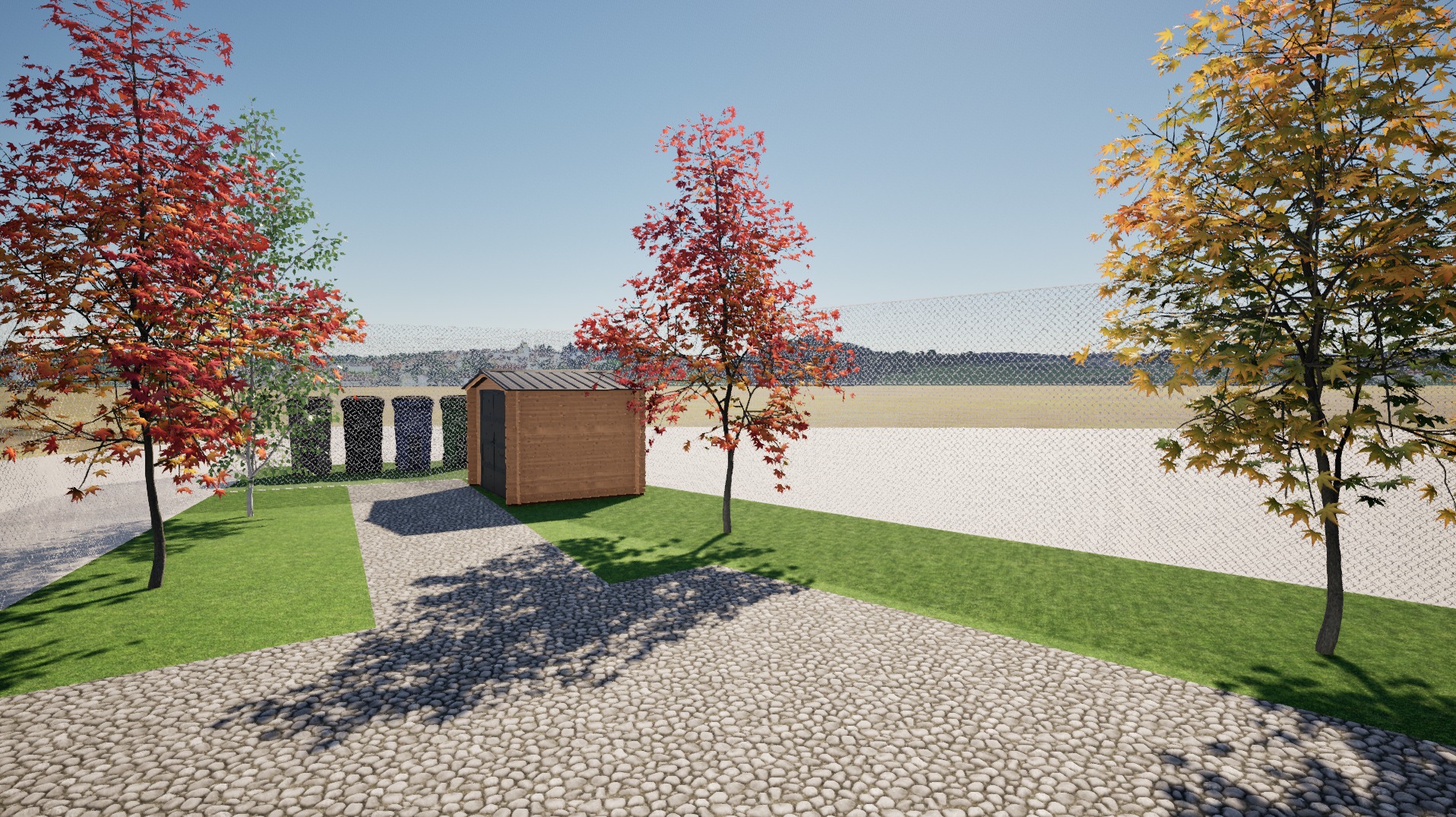 Wizualizacja ogrodu z drewnianą altaną, drzewami o jesiennych barwach i ścieżką z kamienia. Widok na siatkę ogrodzeniową i odległy krajobraz miejski.