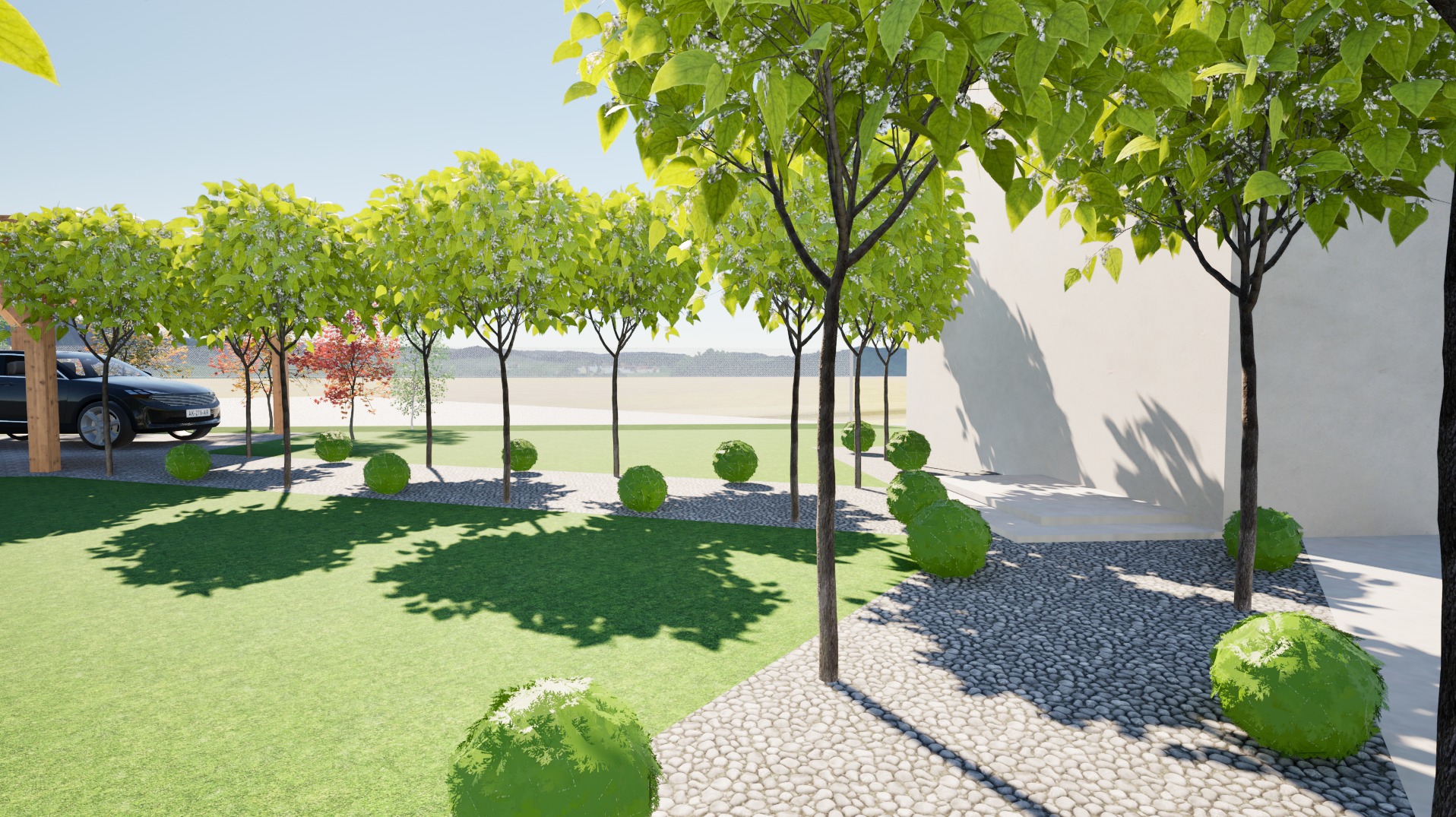Wizualizacja ogrodu z równo przyciętym trawnikiem, rzędem drzew i kulistymi krzewami. Ścieżka z jasnych kamieni prowadzi wzdłuż budynku. W tle widoczny samochód.