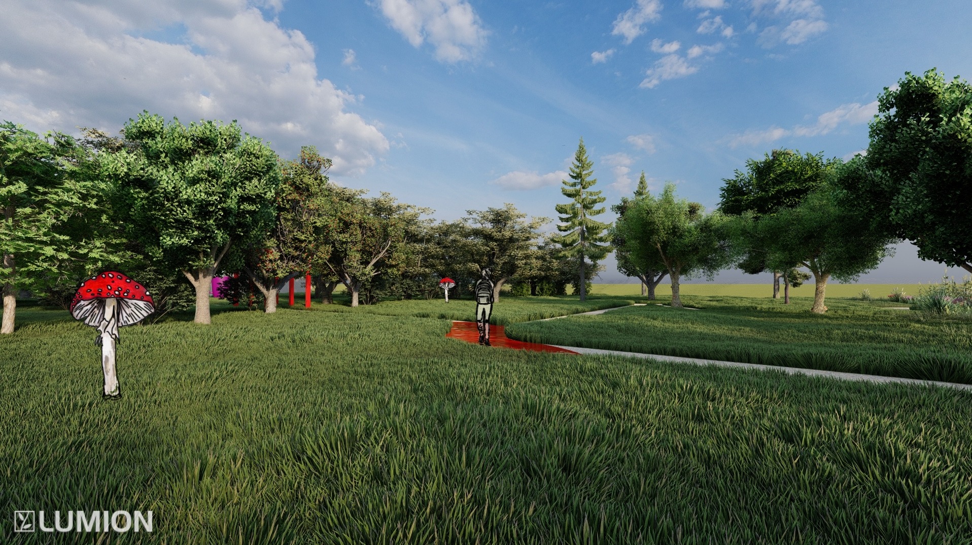 Wizualizacja parku z ścieżką, drzewami i elementami dekoracyjnymi, takimi jak muchomory. Widok na rozległy teren zielony pod błękitnym niebem.