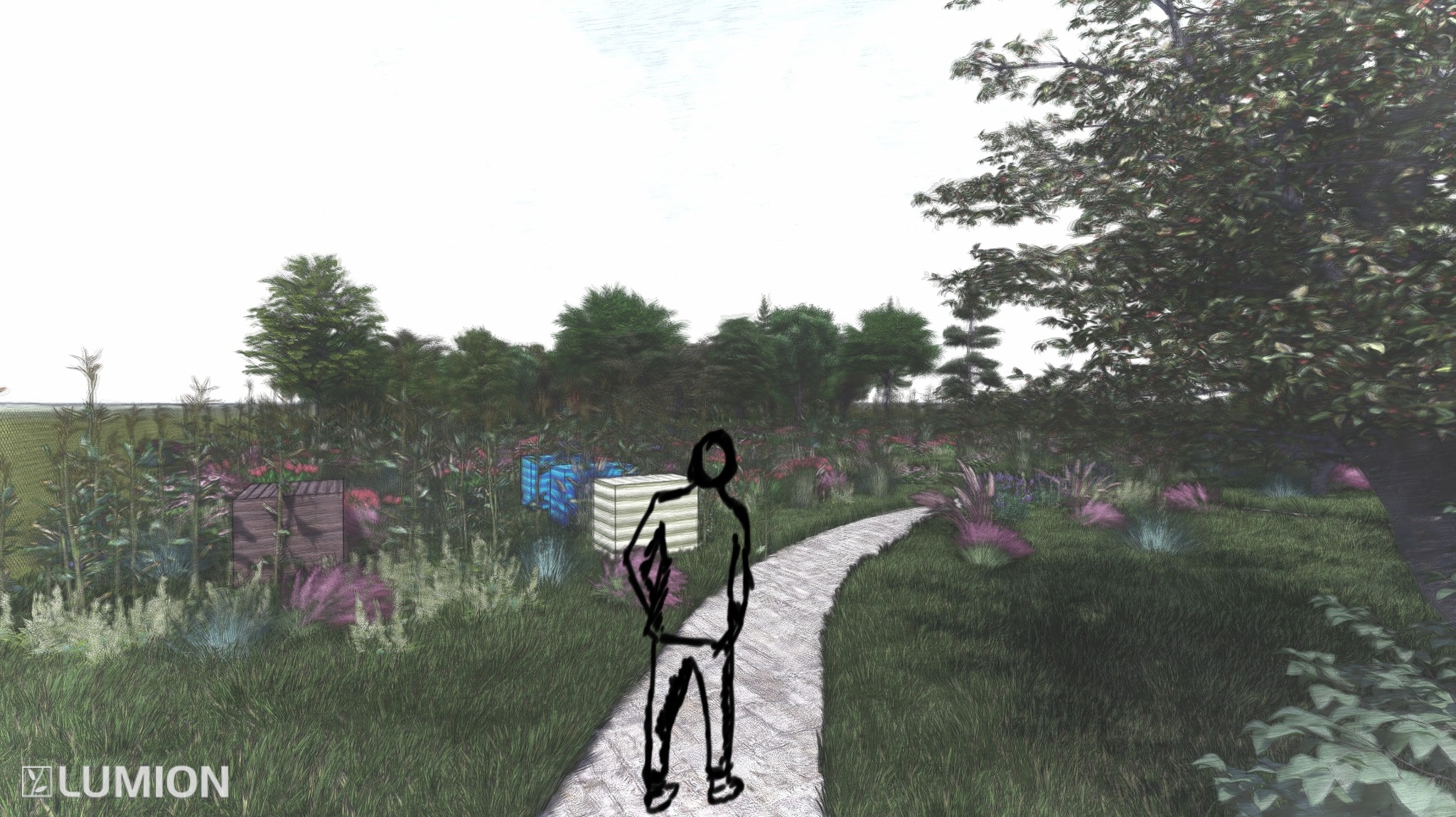 Szkic koncepcyjny ogrodu z ścieżką, ulem i sylwetką człowieka na tle bujnej roślinności. Wizualizacja z programu Lumion.