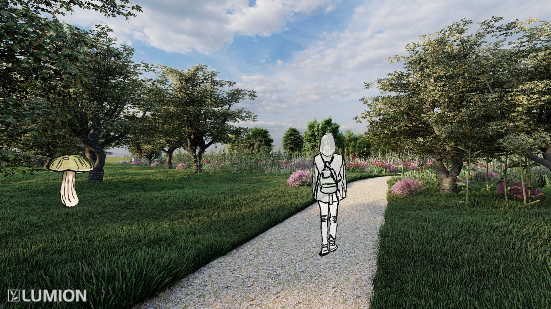 Wizualizacja ogrodu z ścieżką, drzewami i rabatami kwiatowymi. Na pierwszym planie grzyb i postać z plecakiem. Ujęcie z perspektywy pieszego, w tle błękitne niebo.