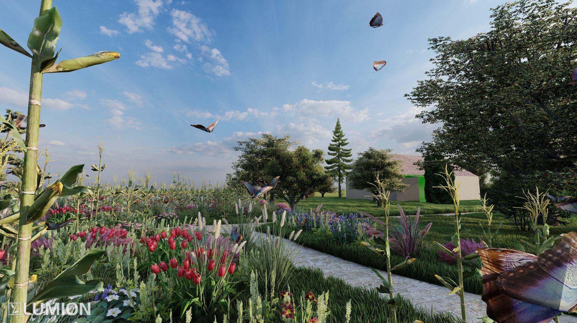 Wizualizacja ogrodu z ścieżką, kwiatami, kukurydzą i motylami na tle domu i błękitnego nieba z chmurami. Grafika komputerowa z logo Lumion.