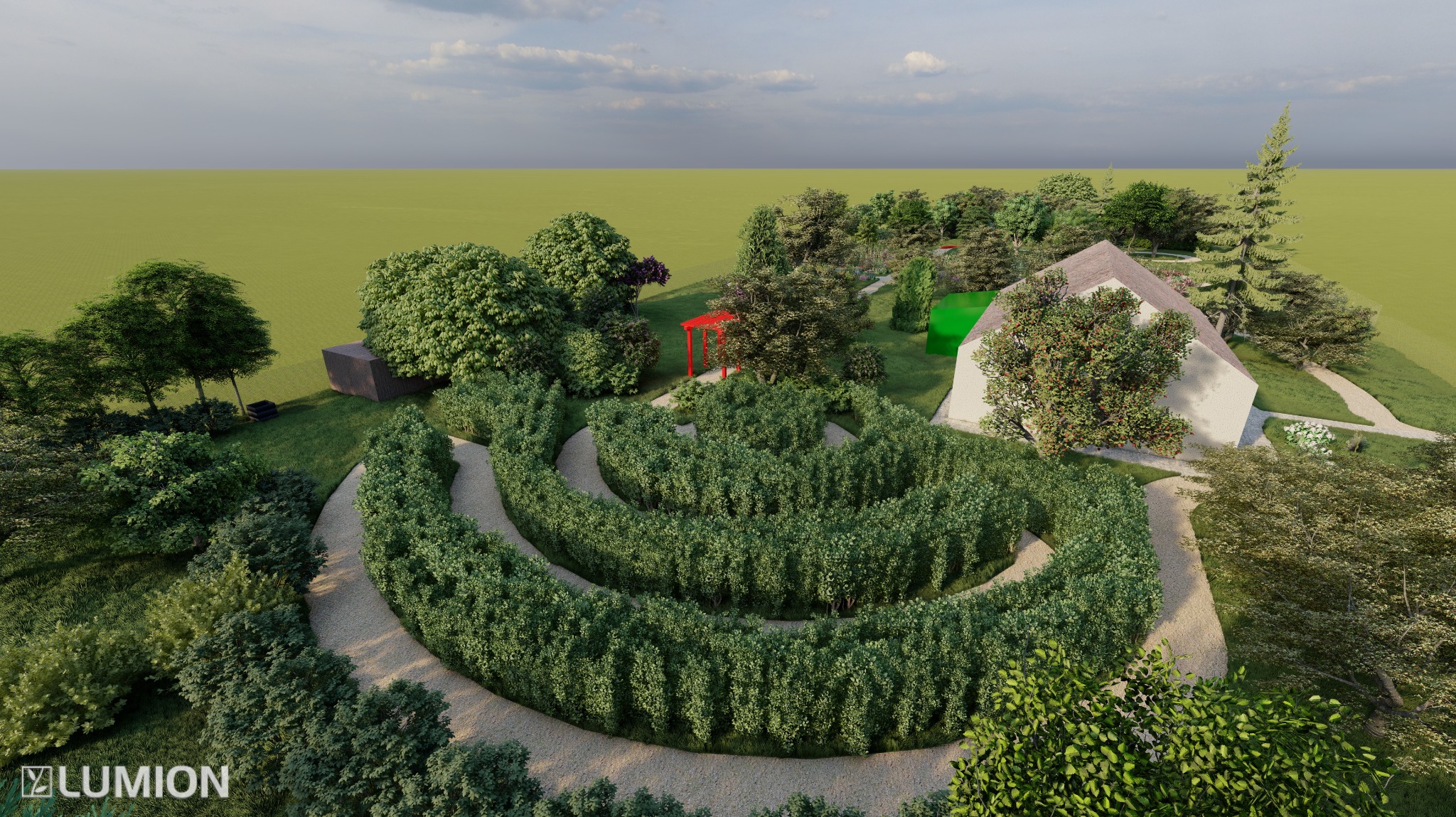 Wizualizacja 3D ogrodu z labiryntem z żywopłotu, ścieżkami żwirowymi, altaną i budynkiem w tle. Widok z góry, oświetlenie dzienne, logo Lumion w rogu.