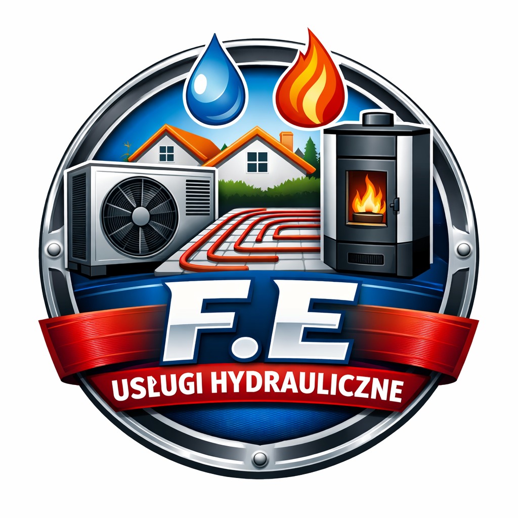 Ilustracja logo firmy F.E Usługi Hydrauliczne. Widoczny piec CO, klimatyzator, ogrzewanie podłogowe, domy w tle, kropla wody i płomień. Całość w okrągłej, metalowej ramie.