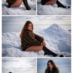TwoSight Photography - Kolaż z sesji kobiecej na śniegu: modelka w futrze i kozakach pozuje na tle zimowego krajobrazu. Różne ujęcia, od siedzącej po stojącą, podkreślają urodę i styl.