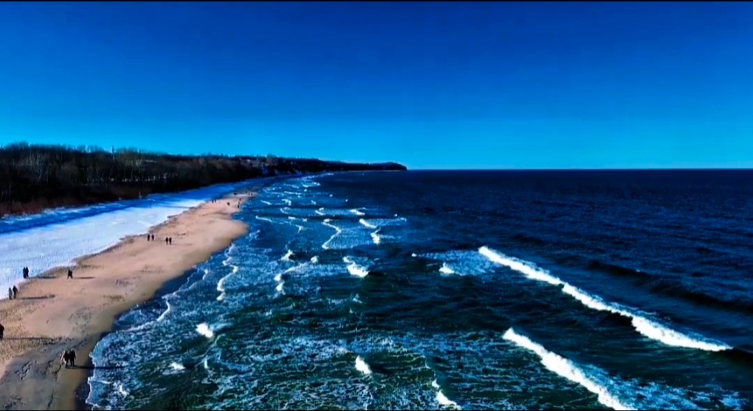 Zimowy krajobraz nadmorski: błękitne morze z falami, piaszczysta plaża pokryta śniegiem, spacerujący ludzie i las w tle pod bezchmurnym niebem. Ujęcie z lotu ptaka.