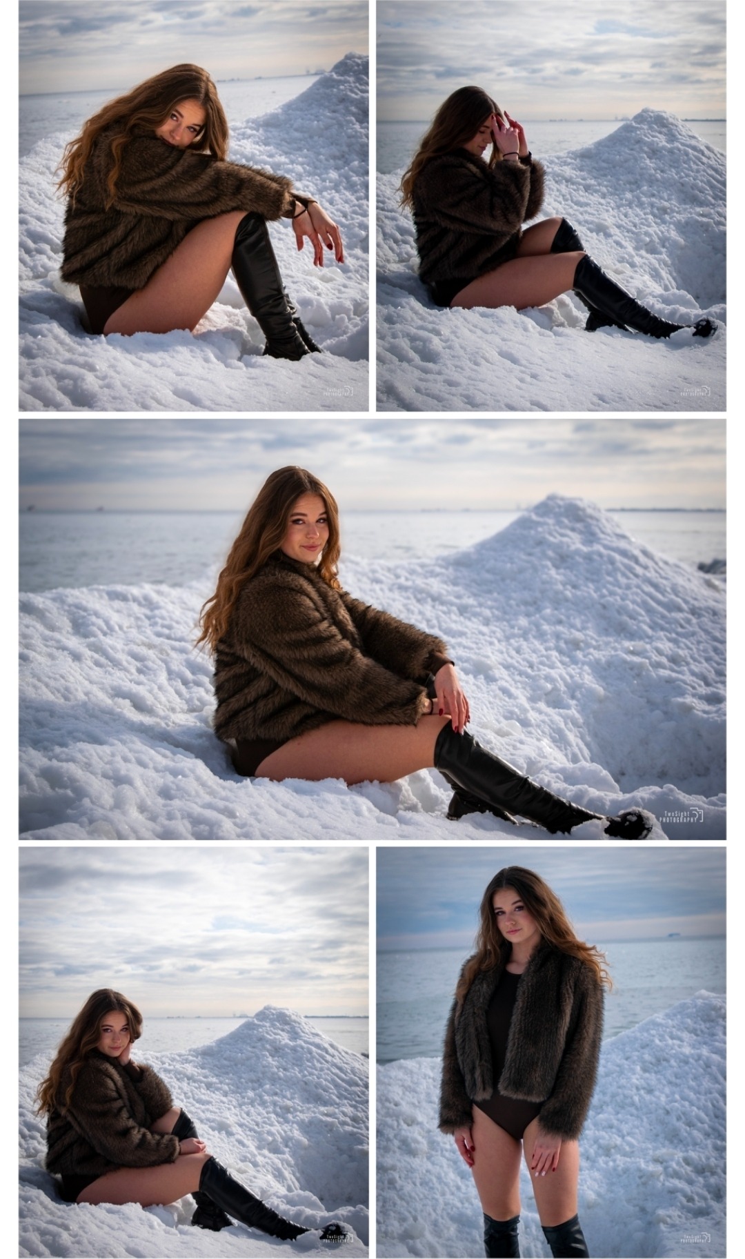 Kolaż z sesji kobiecej na śniegu: modelka w futrze i kozakach pozuje na tle zimowego krajobrazu. Różne ujęcia, od siedzącej po stojącą, podkreślają urodę i styl.