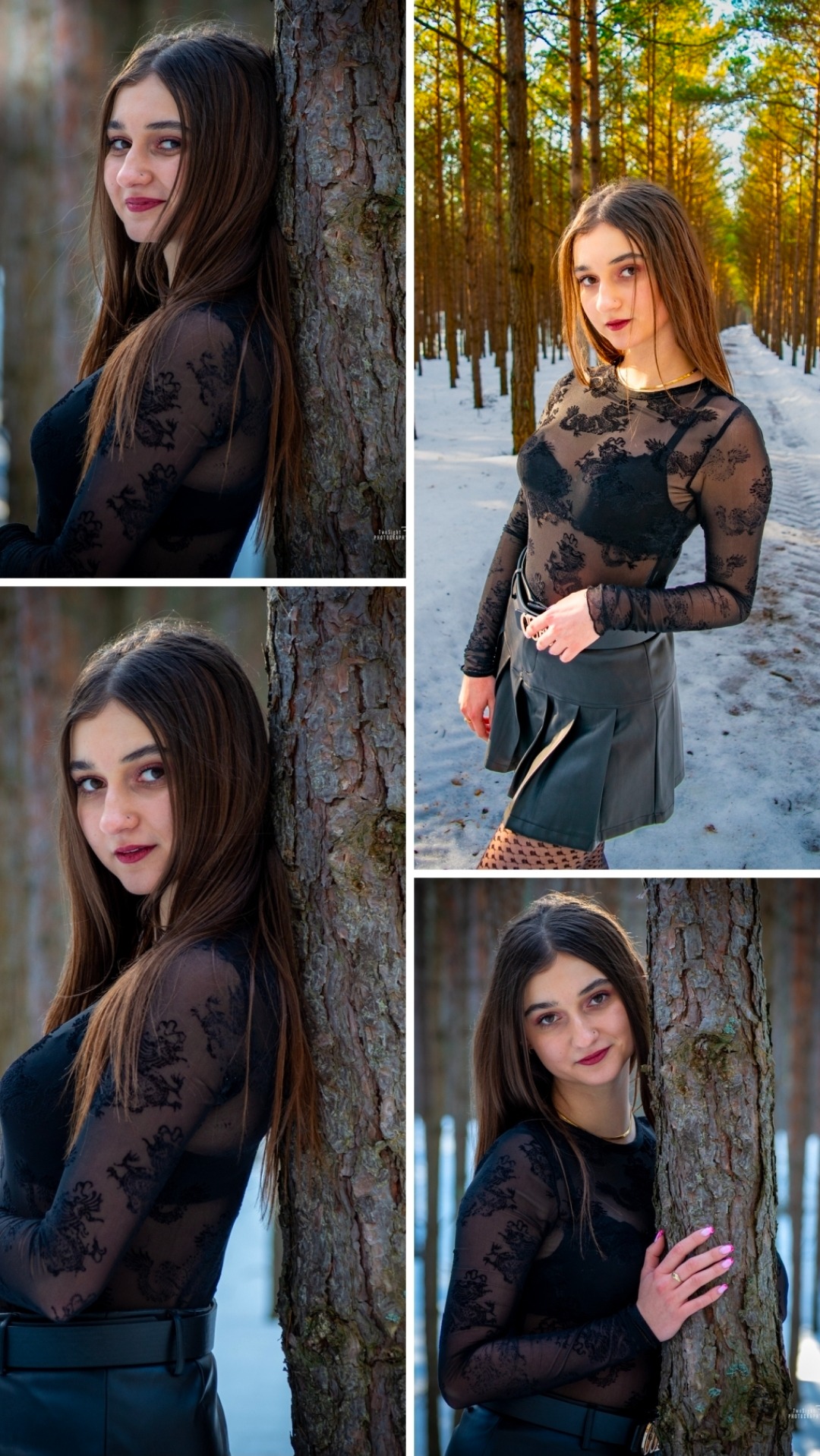 Kolaż portretowy młodej kobiety w czarnej bluzce z koronkowym wzorem, pozującej w zimowym lesie, opierającej się o korę drzewa. Uwagę zwraca makijaż i stylizacja.