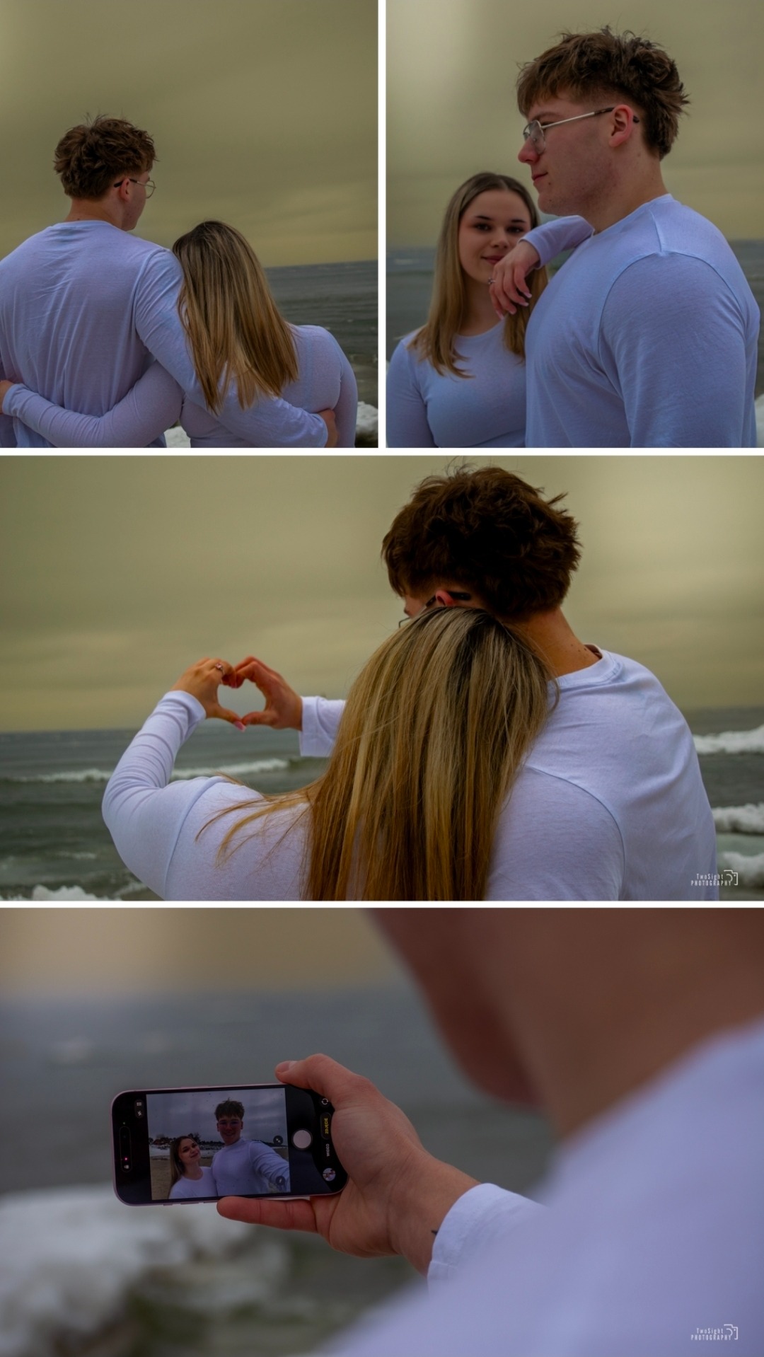 Sesja plenerowa pary nad morzem: ujęcia z bliska, serce z dłoni, kadr z telefonu. Stonowana kolorystyka, pochmurne niebo, fale. Romantyczna atmosfera, naturalne światło.