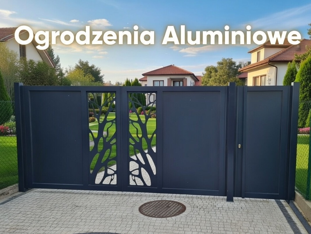 Nowoczesna, antracytowa brama wjazdowa z ażurowym wzorem drzewa, na tle brukowanej nawierzchni i zadbanego ogrodu. Minimalistyczny design z subtelnym akcentem natury.