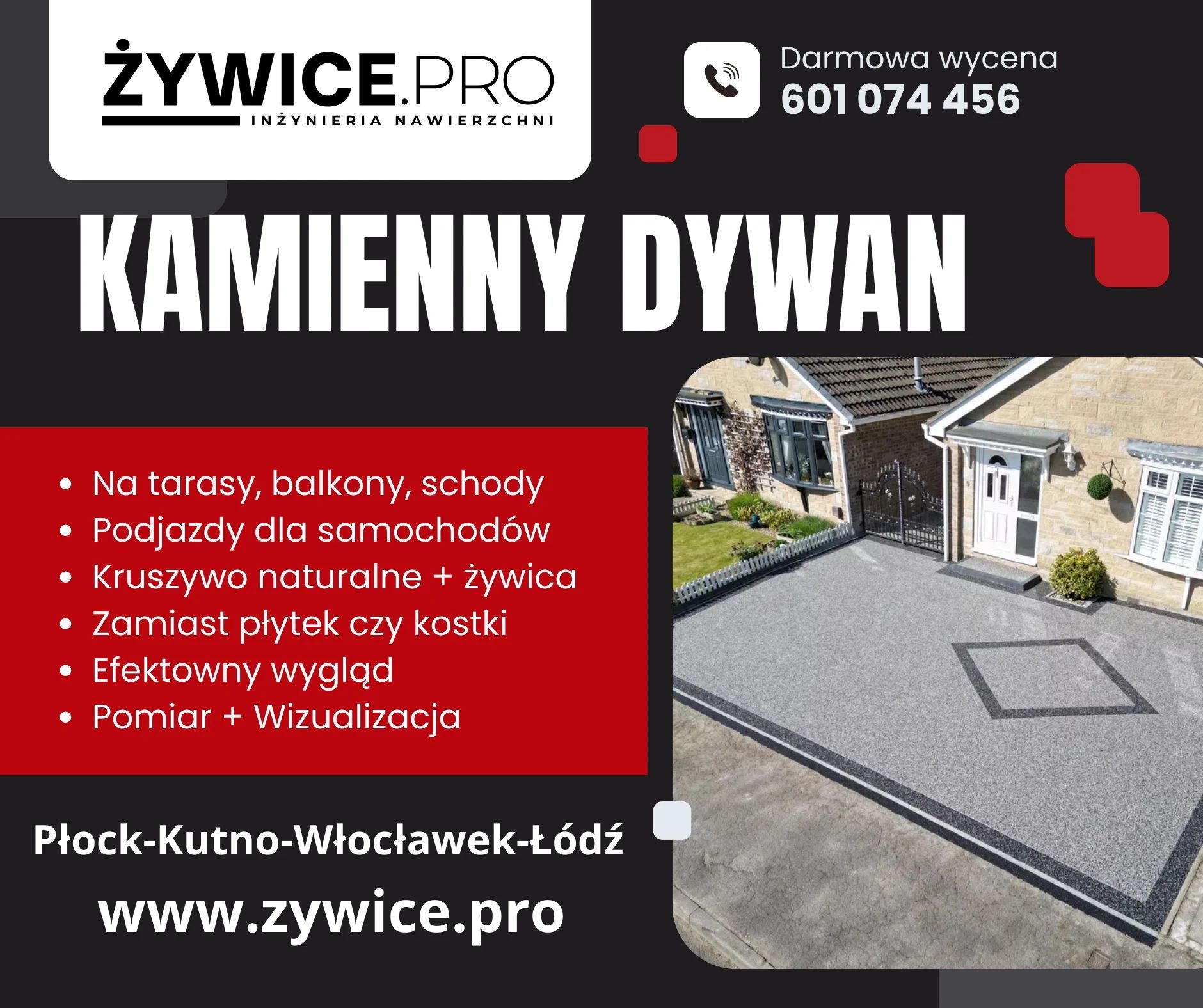 Podjazd z kamiennego dywanu przed domem jednorodzinnym. Szara nawierzchnia z obramowaniem. Reklama firmy Żywice.pro z hasłem 'Kamienny Dywan'.