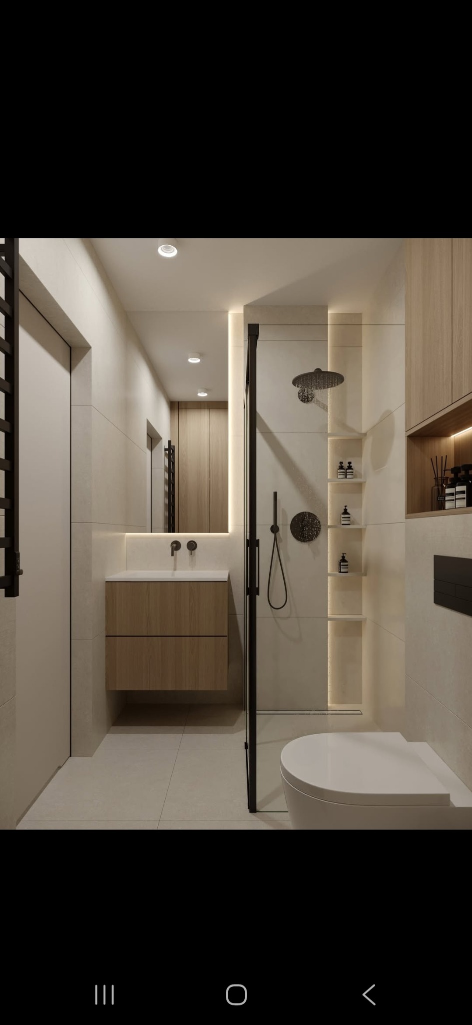 Nowoczesna łazienka z kabiną prysznicową typu walk-in, umywalką z szafką z jasnego drewna i oświetleniem LED. Minimalistyczny design z akcentami czerni.