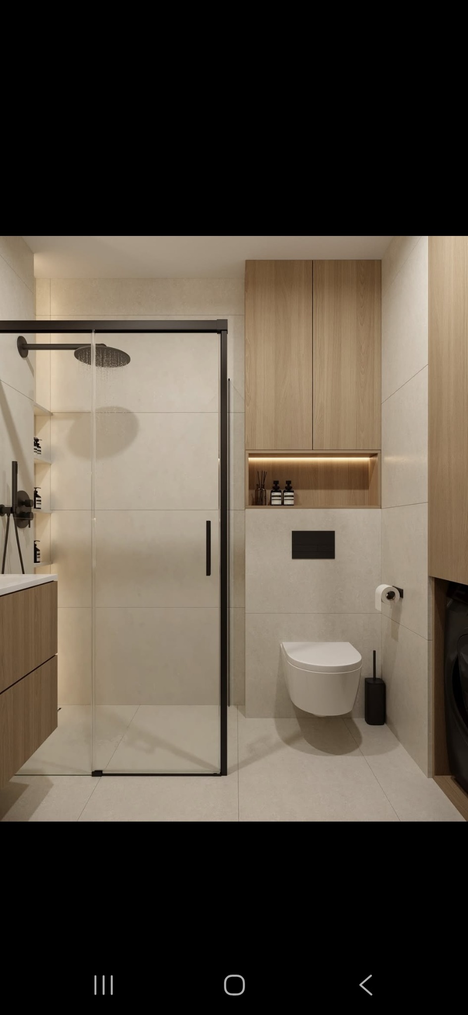 Nowoczesna łazienka z kabiną prysznicową typu walk-in, drewnianymi szafkami i podświetlaną półką. Minimalistyczny design z czarnymi akcentami.