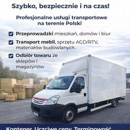 Mateusz Bębenek - Biały bus dostawczy na tle magazynu z kartonami, oferujący transport mebli, sprzętu AGD/RTV i przeprowadzek na terenie Polski. Kontakt telefoniczny widoczny na grafice.