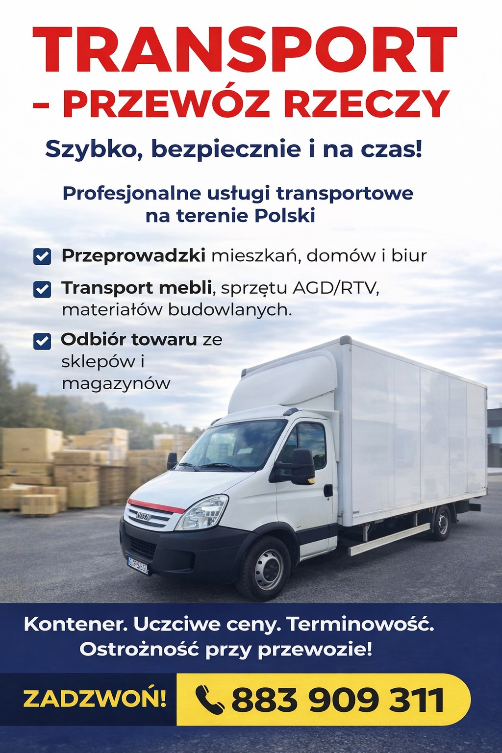 Biały bus dostawczy na tle magazynu z kartonami, oferujący transport mebli, sprzętu AGD/RTV i przeprowadzek na terenie Polski. Kontakt telefoniczny widoczny na grafice.