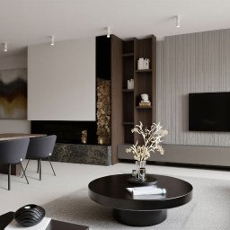 SEAPP Architektura wnętrz - Nowoczesne wnętrze z otwartą kuchnią i salonem. Widoczny ciemny aneks kuchenny, drewniany stół z szarymi krzesłami, kominek z wnęką na drewno, telewizor na teksturowanej ścianie oraz beżowa sofa...