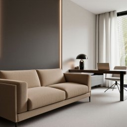 SEAPP Architektura wnętrz - Beżowa sofa w eleganckim wnętrzu z ciemnoszarą ścianą i pionowym oświetleniem LED. Obok biurko z laptopem, czarną lampą i obrotowym fotelem, przy oknie z żaluzjami.