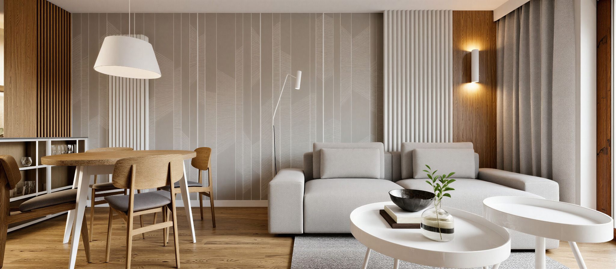 Jasne wnętrze: drewniany stół z krzesłami, sofa z poduszkami, stoliki kawowe. Na ścianie dekoracyjne panele i tapeta w geometryczne wzory. Minimalistyczny design.