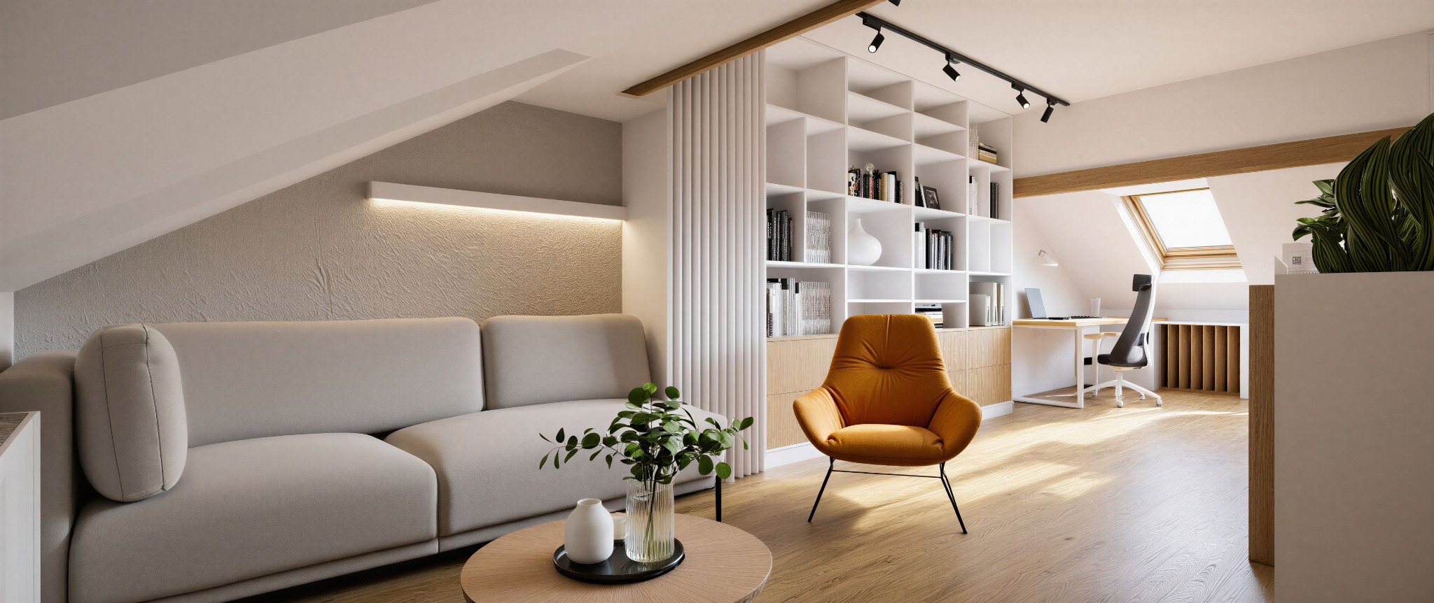 Jasne poddasze z beżową sofą, pomarańczowym fotelem i regałem z książkami. Skos dachu z oknem doświetla przestrzeń biurka z krzesłem.