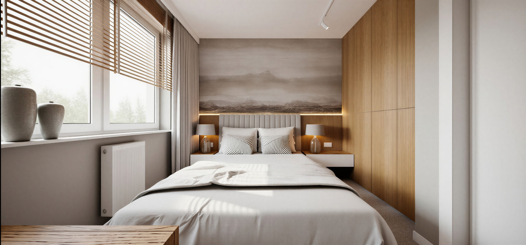 Jasna sypialnia z łóżkiem, drewnianą szafą i obrazem górskim nad wezgłowiem. Okno z żaluzjami i dekoracyjne wazony na parapecie. Minimalistyczny design.