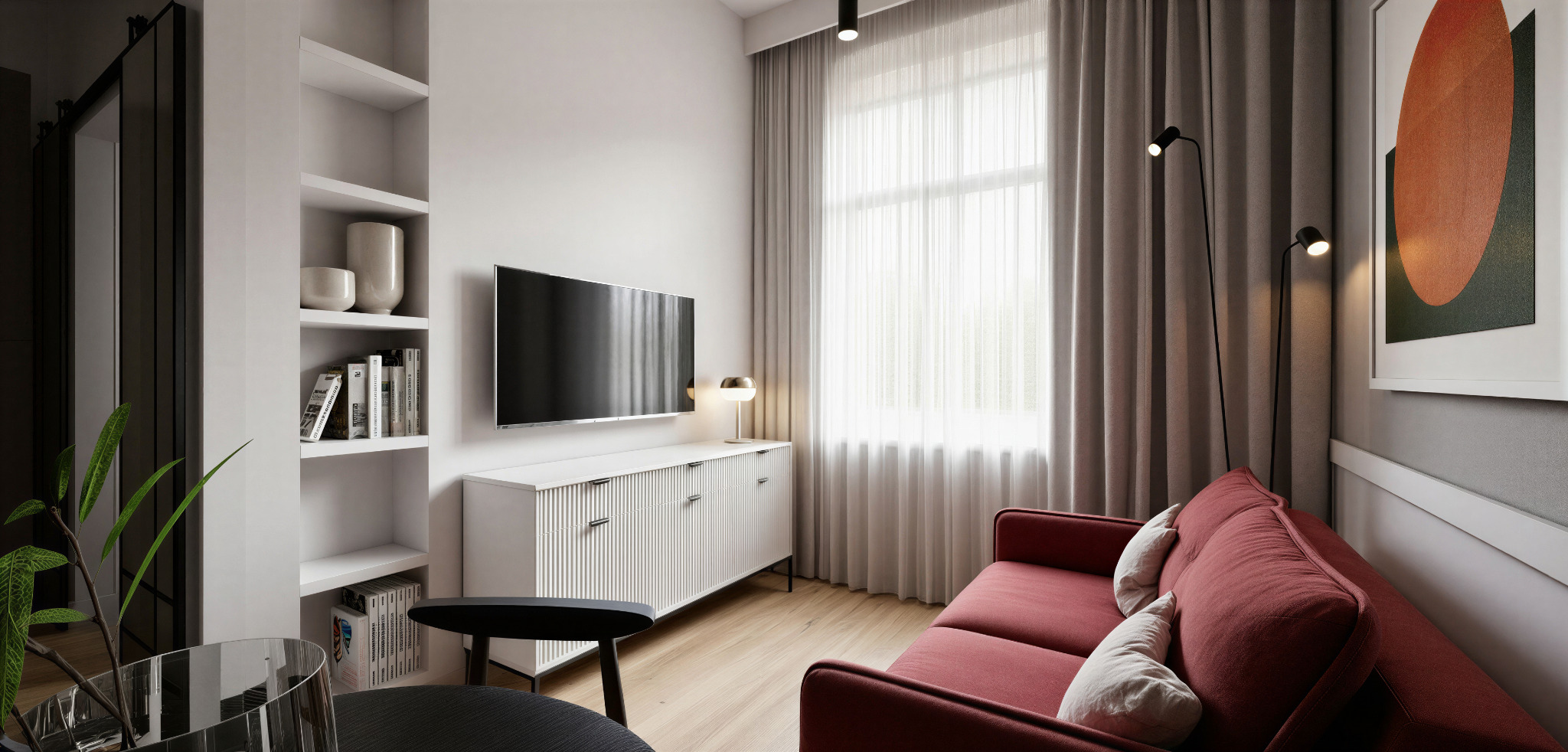 Jasne wnętrze salonu z czerwoną sofą, białą komodą i regałem. Minimalistyczny design, drewniana podłoga, okno z zasłonami. Nowoczesne lampy i abstrakcyjny obraz.