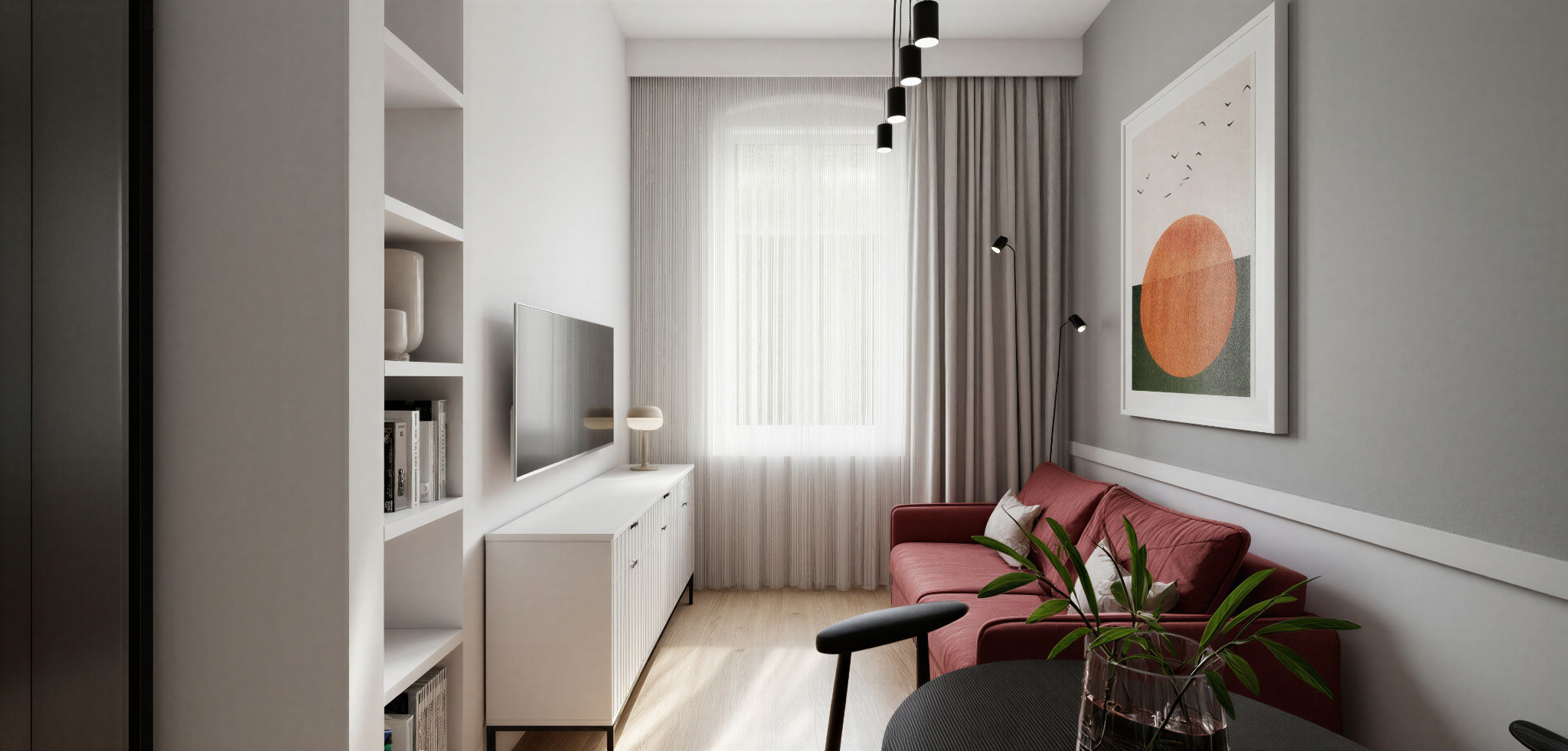Wnętrze salonu w odcieniach szarości i bieli z akcentem bordowej sofy. Minimalistyczny design, oświetlenie punktowe i grafika na ścianie tworzą przytulną atmosferę.