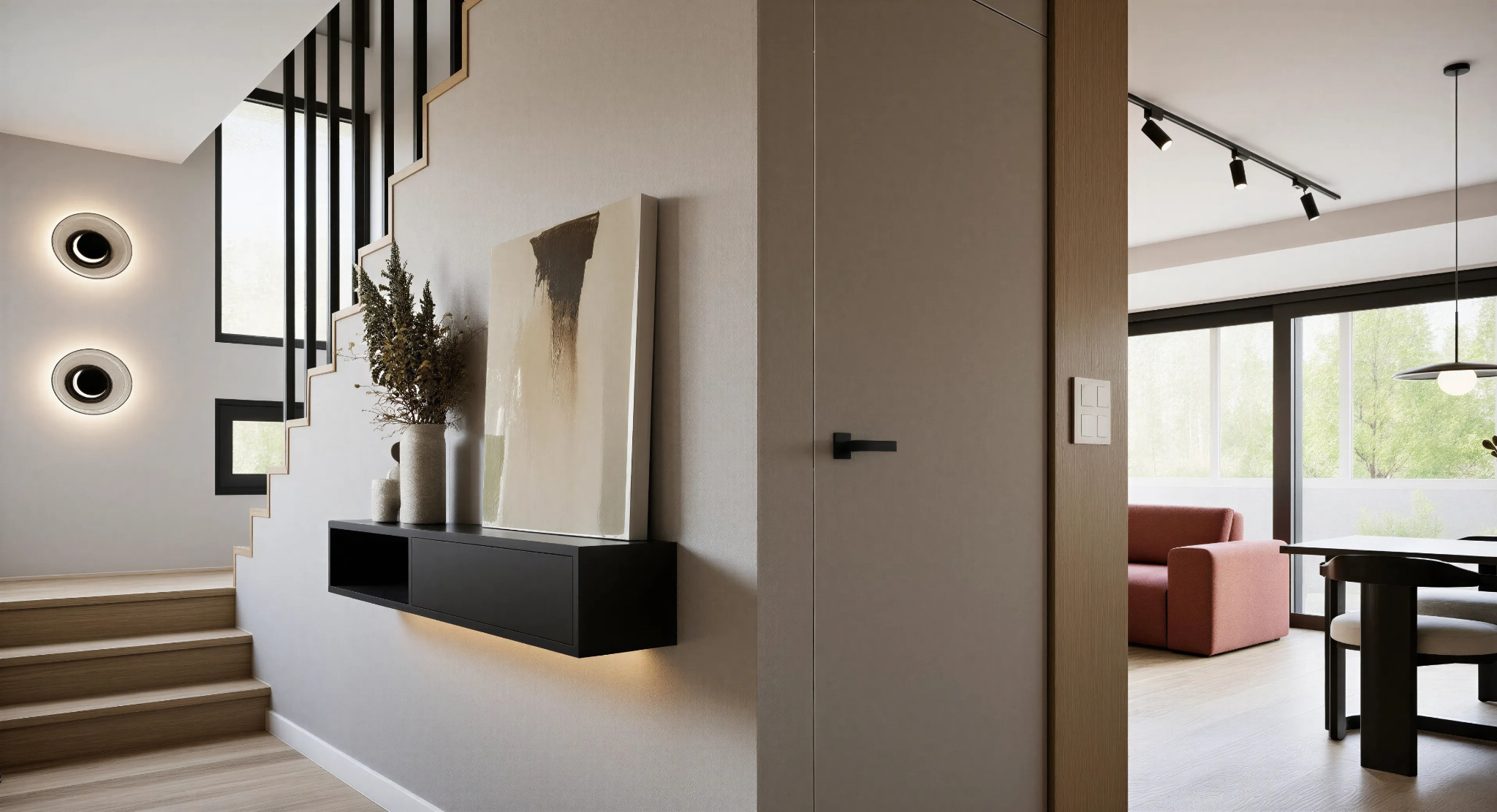 Nowoczesny hol z drewnianymi schodami, oświetleniem ściennym i minimalistyczną konsolą z dekoracjami. Widok na salon z sofą i jadalnią.