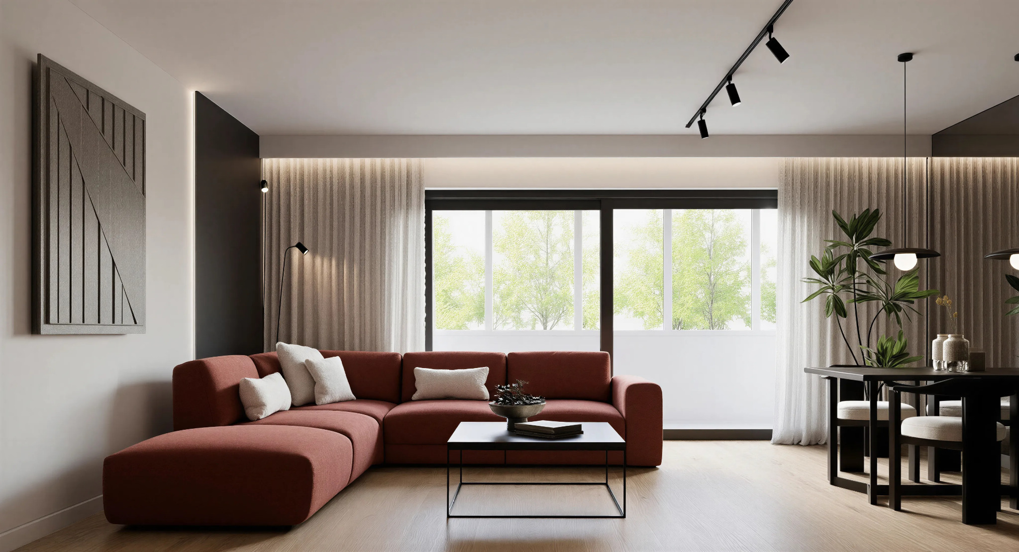 Nowoczesny salon z ceglastą sofą narożną, czarnym stolikiem kawowym i jadalnią. Duże okno z widokiem na zieleń. Minimalistyczny design, oświetlenie punktowe.