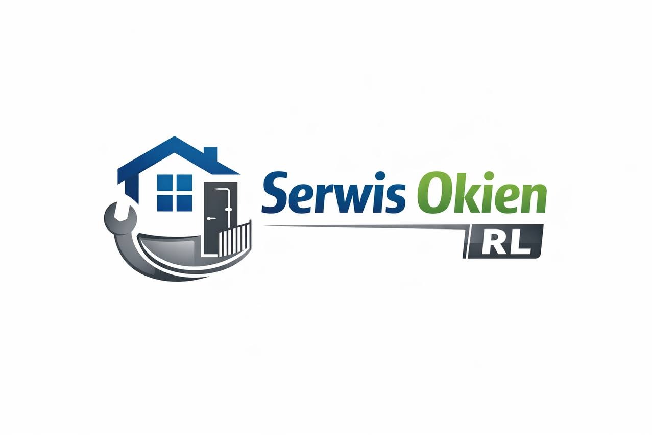 Logo firmy 'Serwis Okien RL' z motywem domu, okna, drzwi i klucza francuskiego. Napis w kolorach niebieskim i zielonym na białym tle.