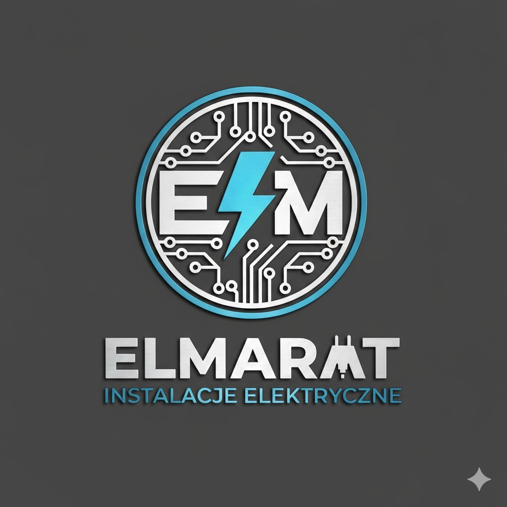 Logo firmy ELMARAT z symbolem błyskawicy w okręgu imitującym obwód elektryczny, napis 'Instalacje Elektryczne' na szarym tle.