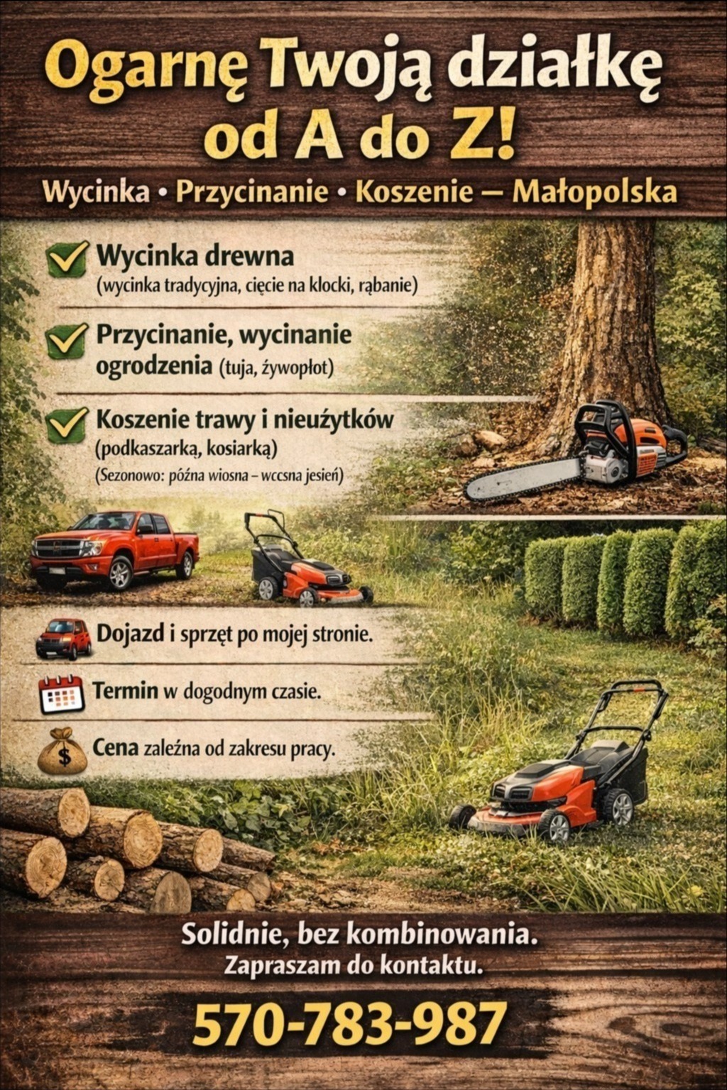 Ogłoszenie usług ogrodniczych: wycinka drzew, przycinanie żywopłotów, koszenie trawy. Oferta sezonowa z dojazdem i sprzętem. Kontakt: 570-783-987.