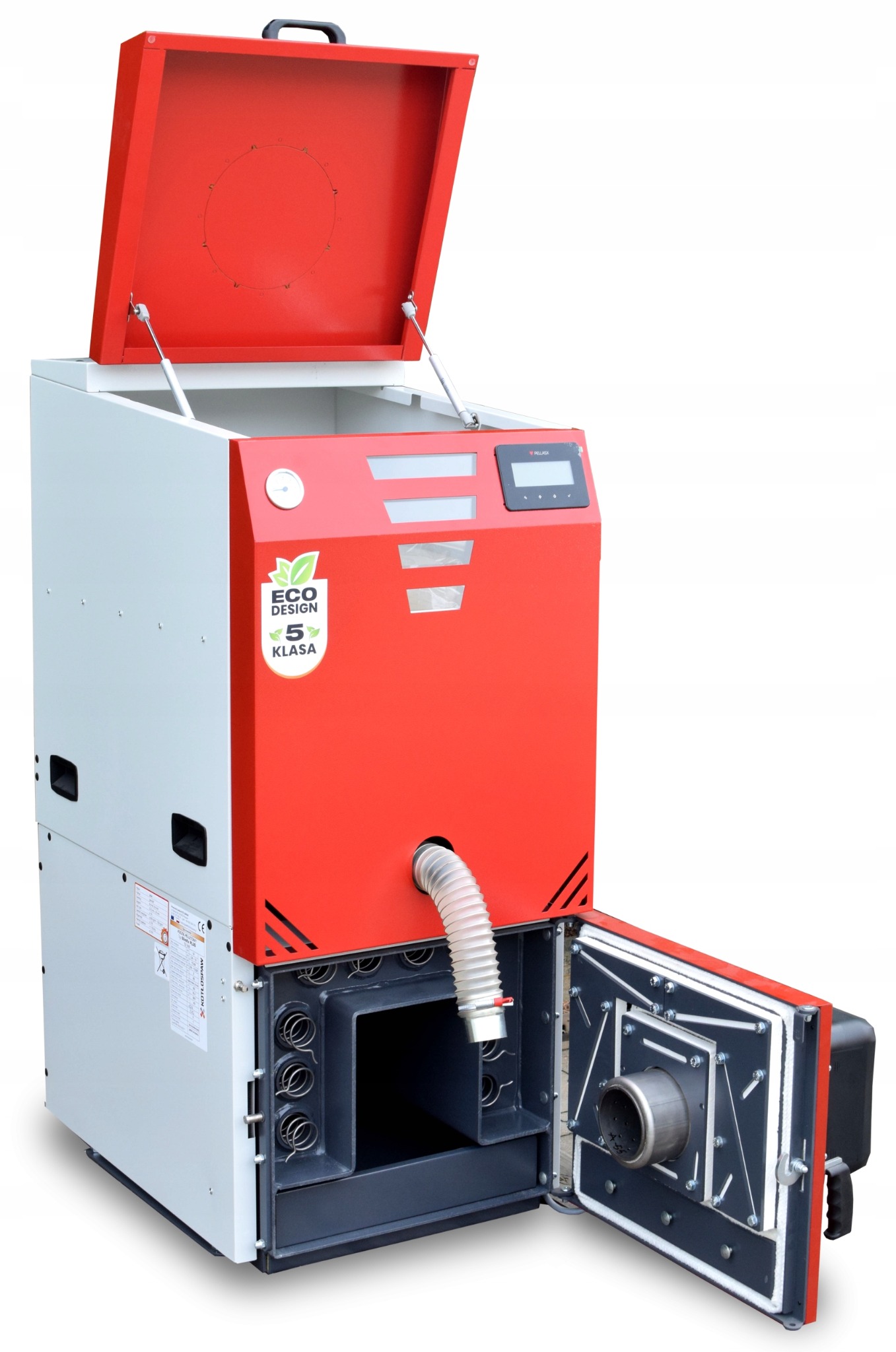Otwarty piec CO na paliwo stałe, z widocznym paleniskiem i panelem sterowania. Model z certyfikatem Eco Design 5 Klasa, w kolorach czerwonym i szarym.