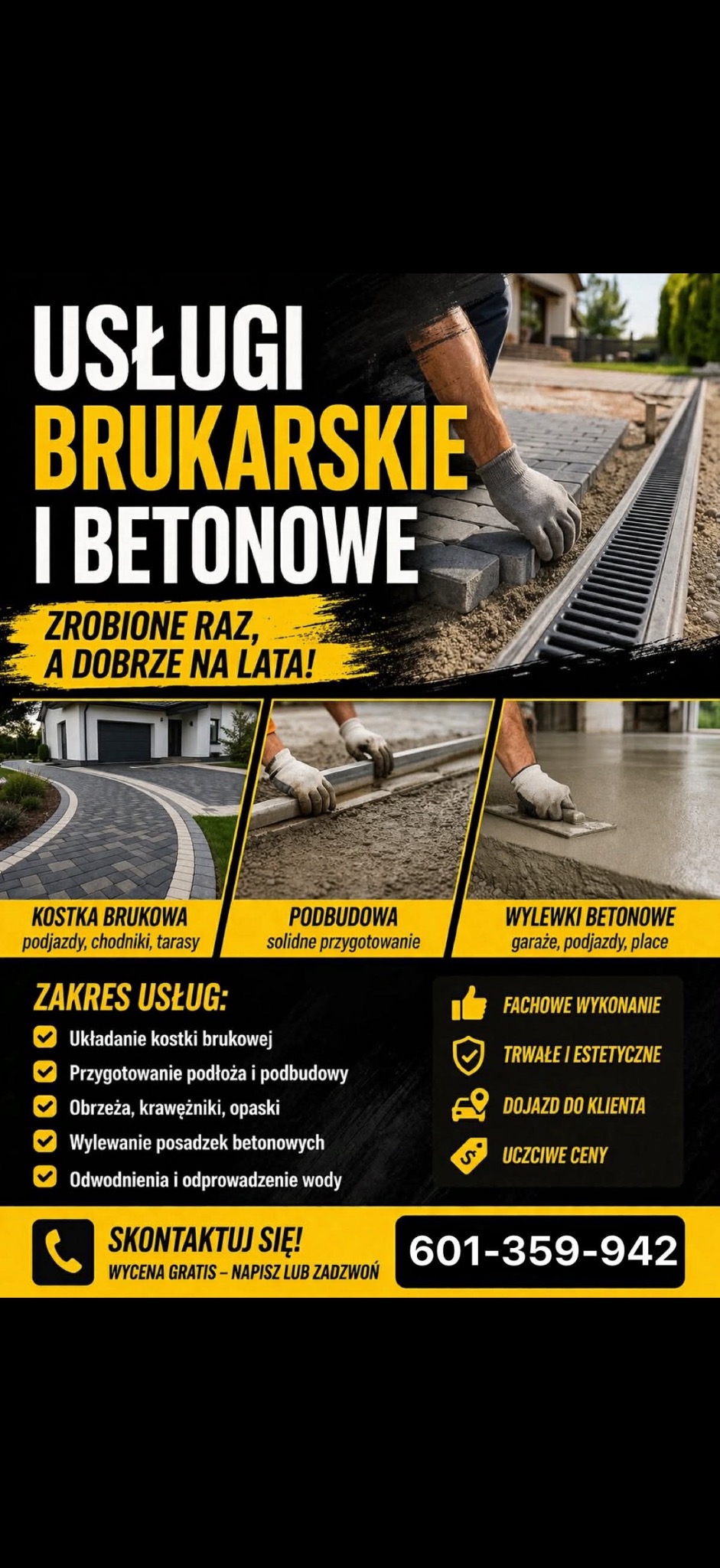 Usługi brukarskie i betonowe: układanie kostki, podbudowa, wylewki. Solidne przygotowanie, fachowe wykonanie, trwałe i estetyczne. Odwodnienie i odprowadzenie wody.