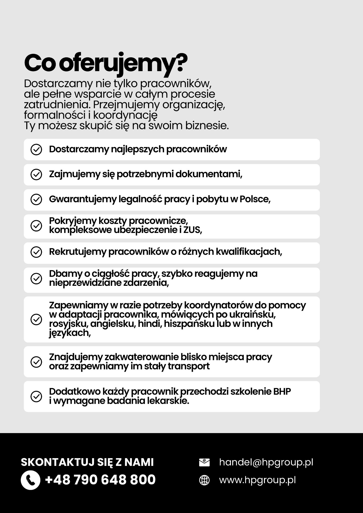 Grafika informacyjna agencji rekrutacyjnej: Co oferujemy? Dostarczamy pracowników, wsparcie, organizację, formalności. Kontakt: +48 790 648 800, handel@hpgroup.pl.