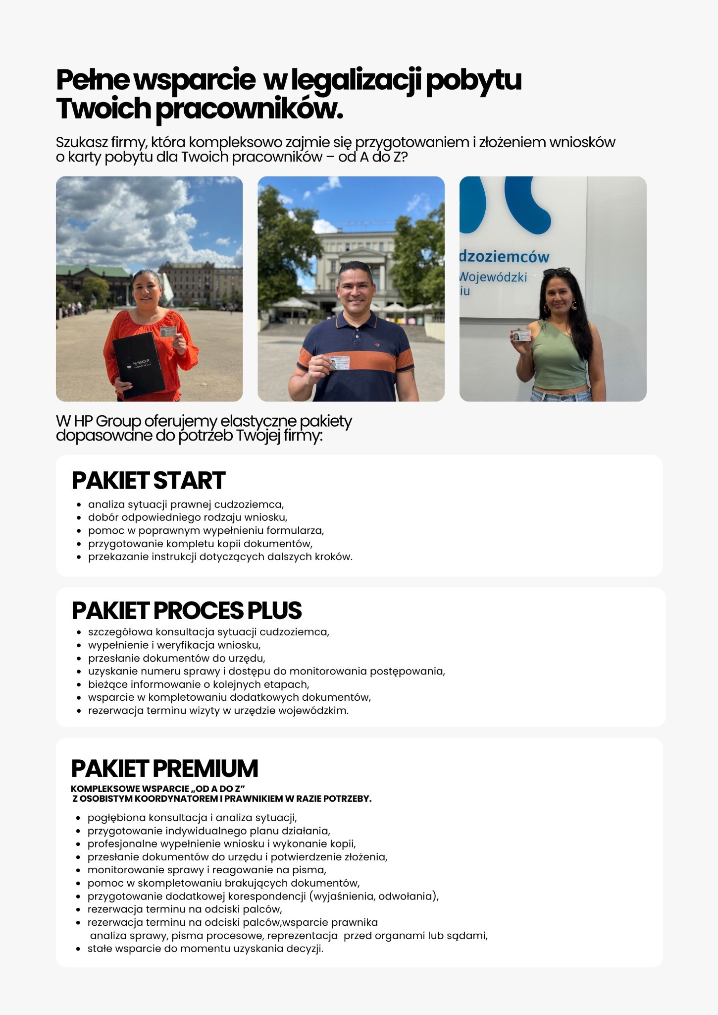Trzy osoby prezentują dokumenty legalizacyjne na tle miejskiego krajobrazu i biura, ilustrując kompleksowe wsparcie w legalizacji pobytu oferowane przez agencję.