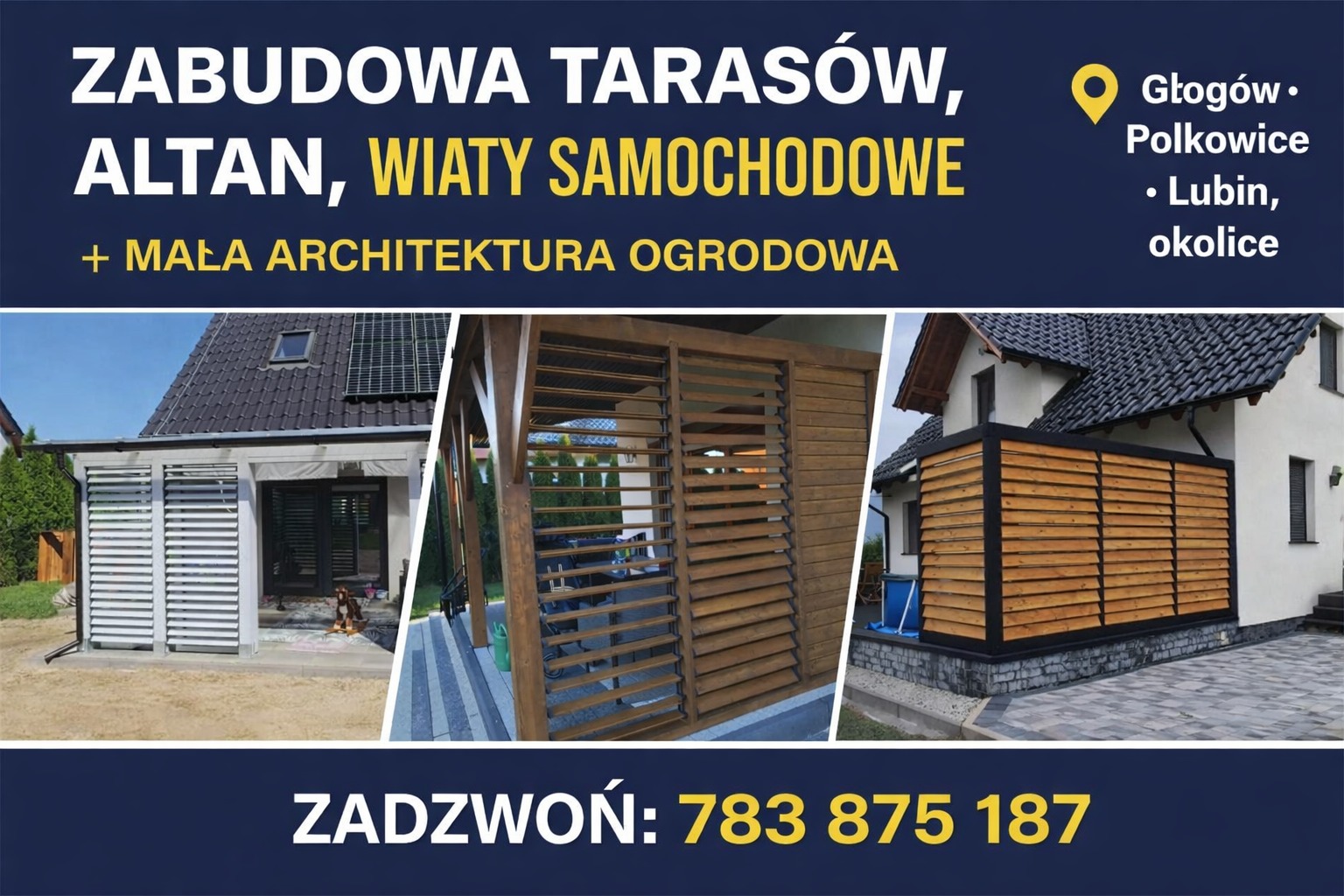 Kompozycja trzech realizacji: zabudowa tarasu z żaluzjami, altana z drewna i wiata samochodowa z drewnianym wykończeniem. Widoczne detale architektoniczne i otoczenie.