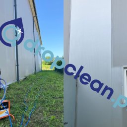 DropClean Tomasz Romanowski - Przenośny agregat ciśnieniowy z niebieskim wężem na trawie, na tle wyczyszczonej, jasnej elewacji hali z oknem. Widoczny fragment elewacji przed i po czyszczeniu.